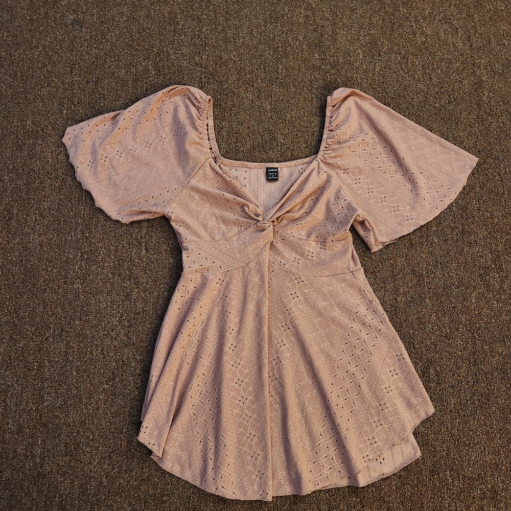 SHEIN Pink Eyelet Flowy Knit Top | Twist Front Flutter Sleeve | Size S